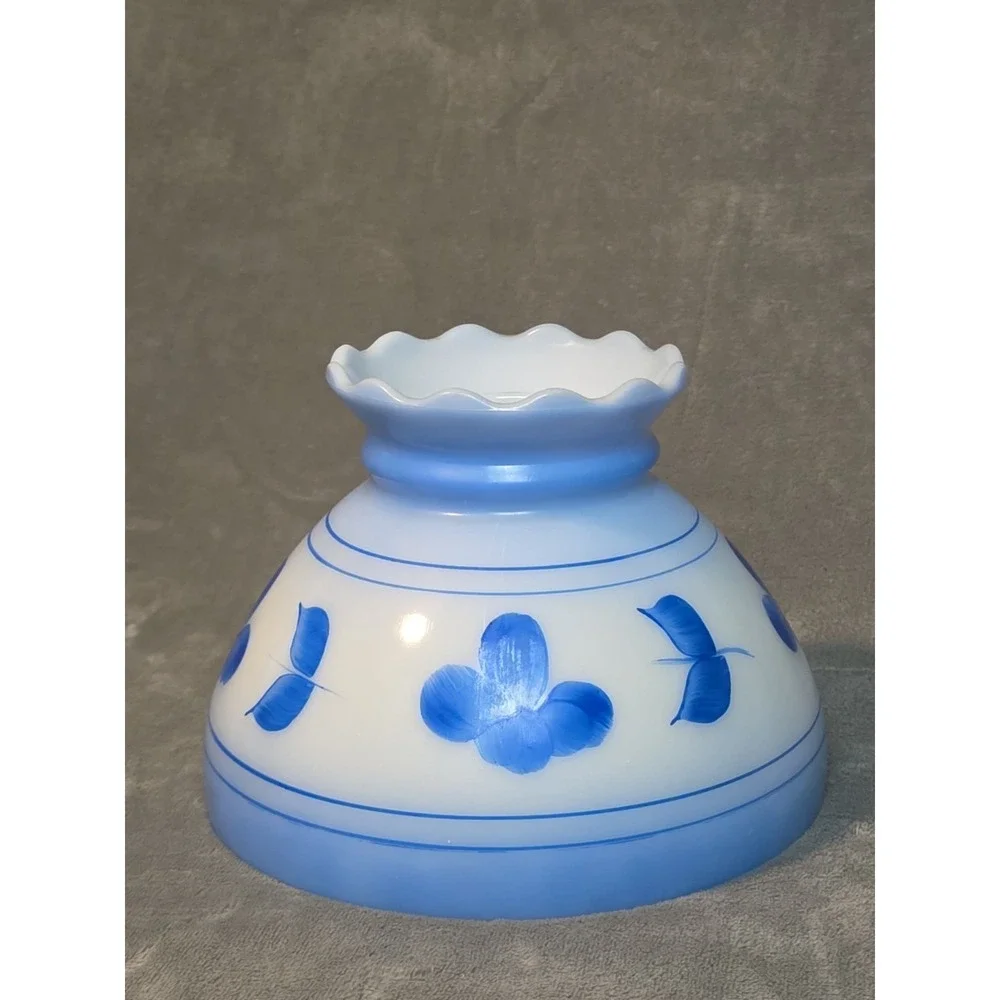 Vintage Hand Painted Milk Glass Lamp Shade Blue Floral Scalloped Edge Cabincore
